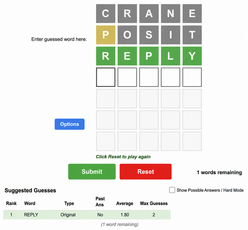 WordleFriend showing REPLY solved as the answer