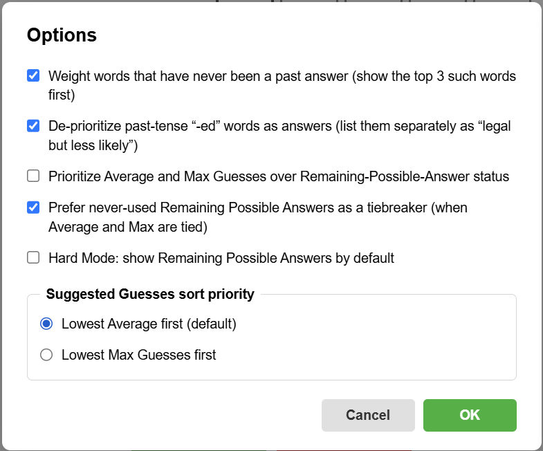 The WordleFriend Options dialog